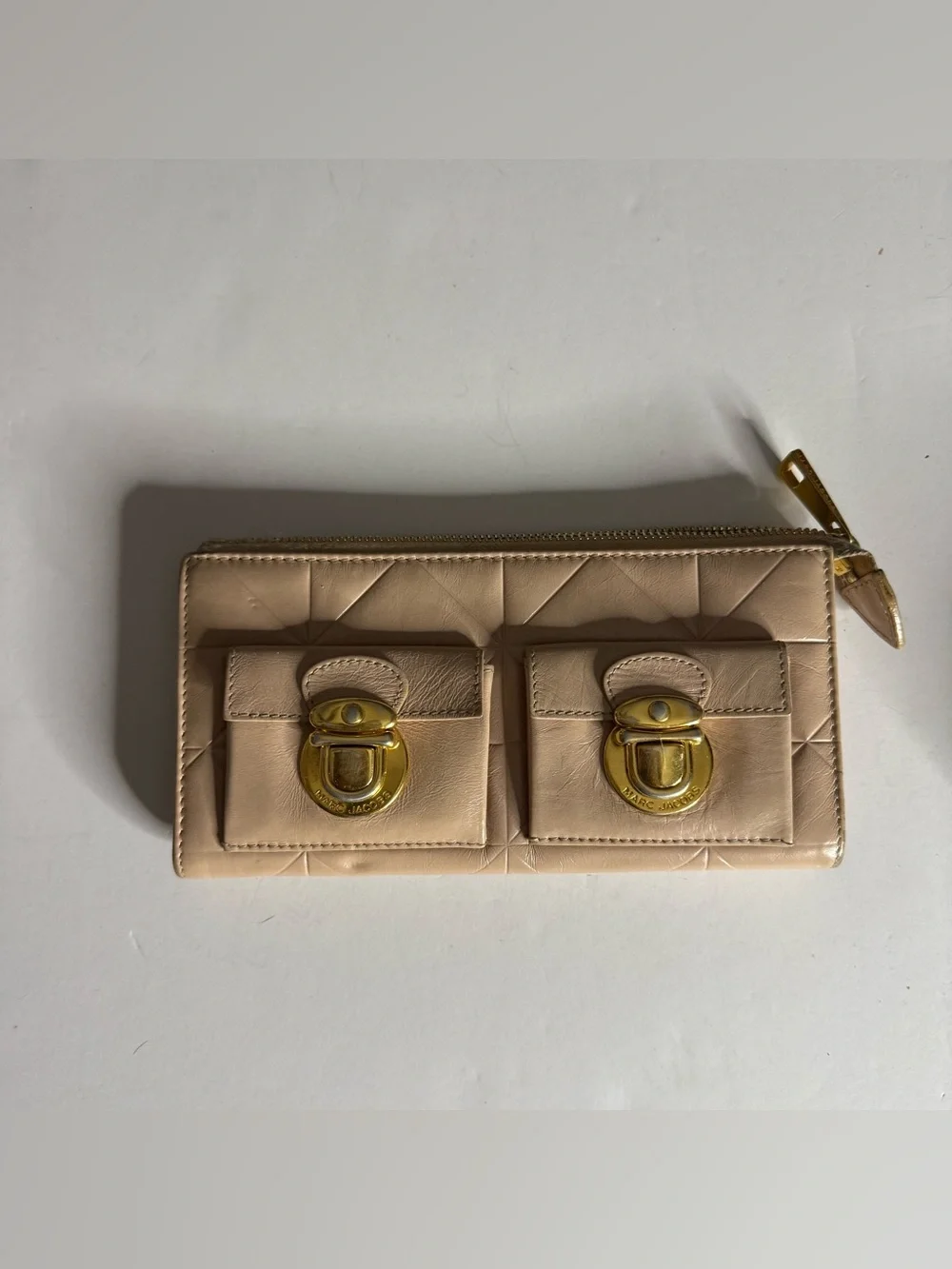 Marc Jacob’s Beige Quilted Leather Zip Wallet with Double Front Pockets